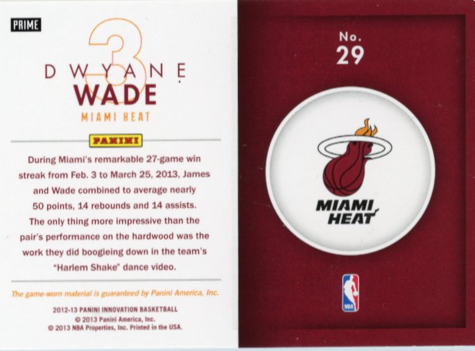 2012/13 Panini Innovation Dwayne Wade #29 - Relic #/15 Heat