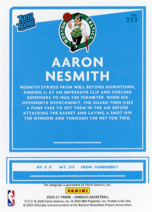 2020/21 Panini Donruss Aaron Nesmith Rated Rookie RC #232 - Autograph Red #/99 Celtics