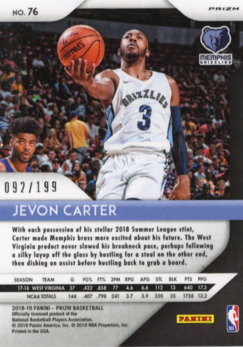 2018/19 Panini Prizm Jevon Carter #76 - Blue #/199 Grizzlies