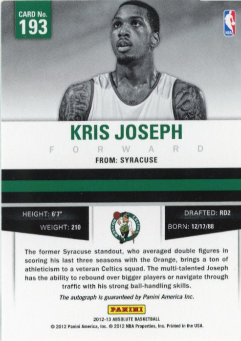 2012/13 Panini Absolute Kris Joseph RC #193 - Autograph #/399 Celtics