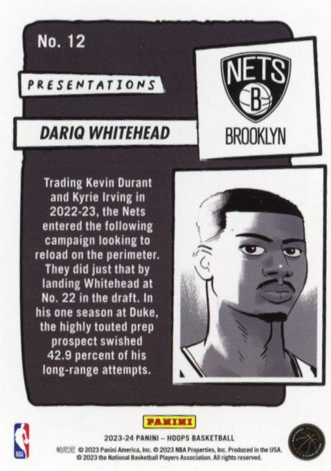 2023/24 Panini NBA Hoops Dariq Whitehead Presentations #12 - Nets