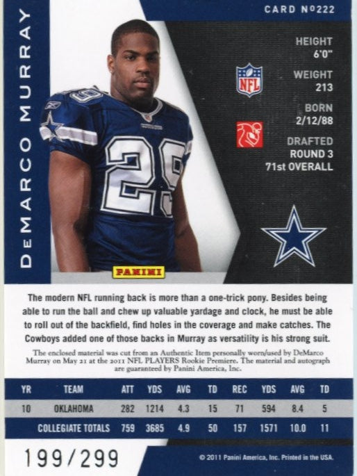 2011 Panini Phenoms Demarco Murray #222 - 'Cowboys' Relic Autograph #/299 Cowboys