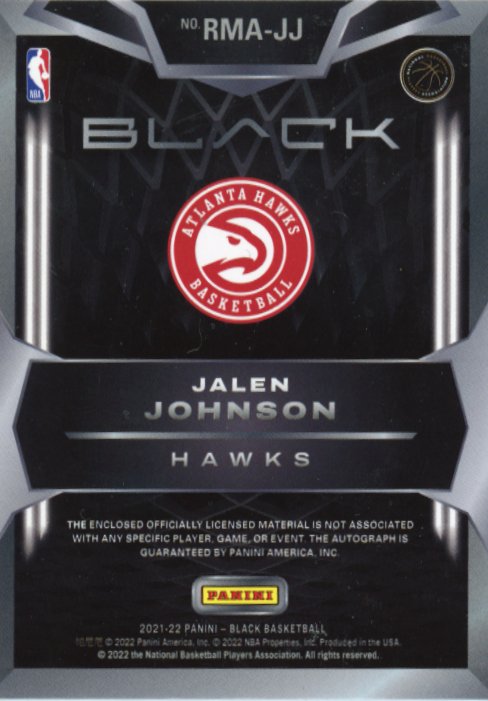 2021/22 Panini Black Jalen Johnson Rookie Memorabilia RC #RMA-JJ - Autograph Relic #/49  Hawks