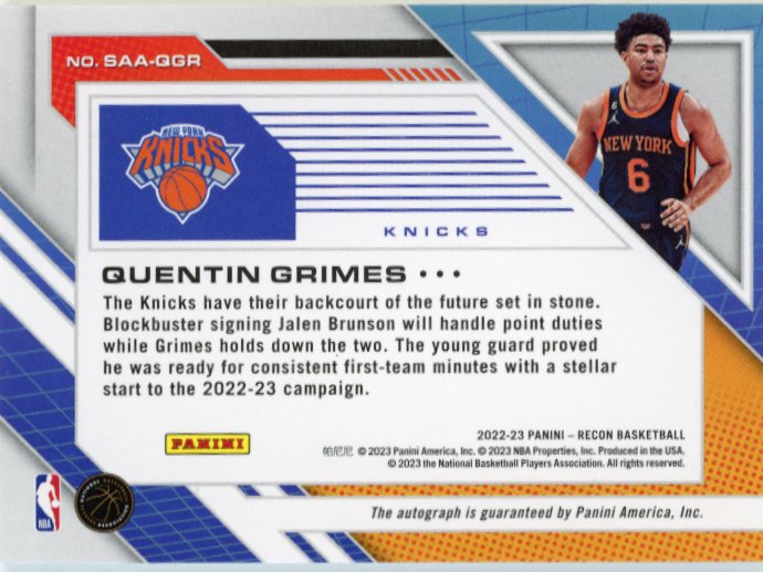 2022/23 Panini Recon Quentin Grimes #SAA-QGR - Autograph Relic #/5 Knicks