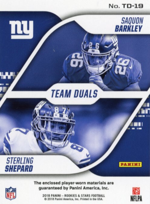 2018 Panini Rookies & Stars Saquon Barkley Sterling Shepard Team Duals #TD-19 - Dual Relic Giants