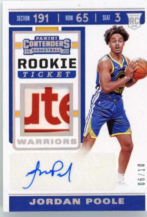 2019/20 Panini Contenders Jordan Poole Rookie Ticket RC # RTS-JPL - Autograph Relic #/10 Warriors