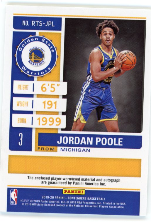 2019/20 Panini Contenders Jordan Poole Rookie Ticket RC # RTS-JPL - Autograph Relic #/10 Warriors