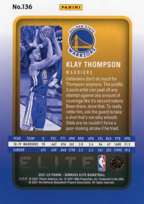 2021/22 Panini Donruss Elite Klay Thompson #136 - Foil Warriors