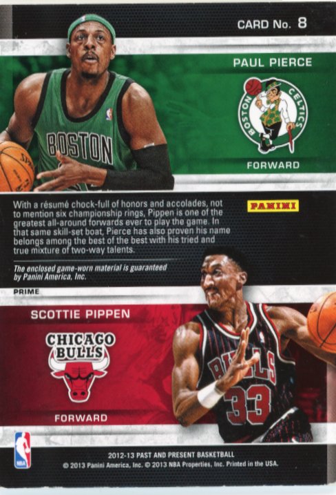 2012/13 Panini Past and Present Paul Pierce Scottie Pippen #8 - Dual Relic Celtics Bulls