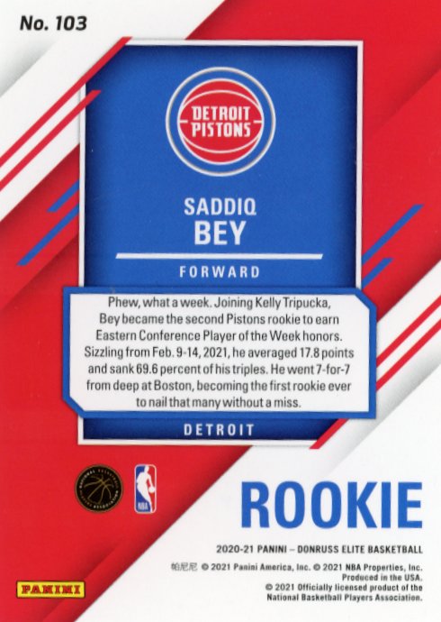 2020/21 Panini Donruss Elite Saddiq Bey RC #103 - #/99 Blue