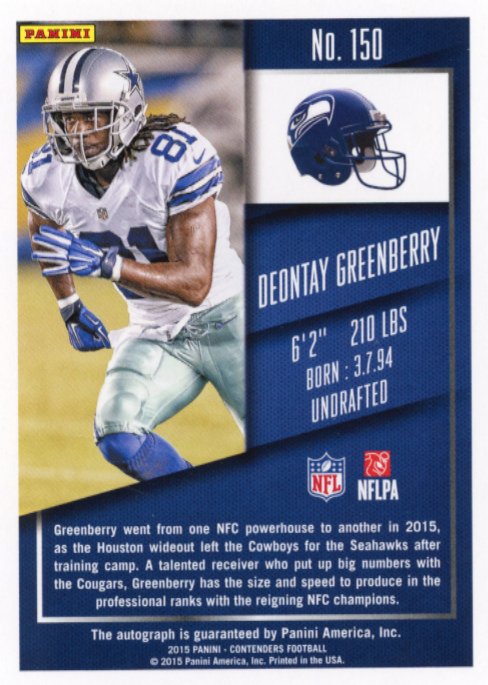 2015 Panini Contenders Deontay Greenberry Rookie Ticket RC #150 - Autograph Seahawks