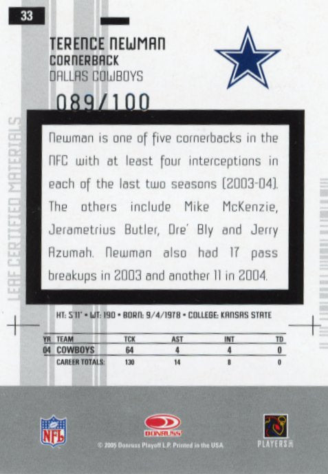 2005 Donruss Certified Terence Newman #33 - Autograph #/100 Cowboys