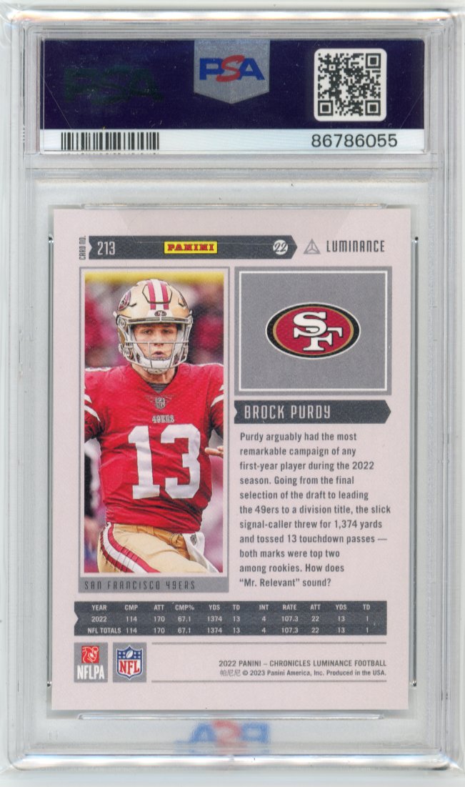 2022 Panini Chronicles Luminance Brock Purdy RC #213 - PSA 9 49ers