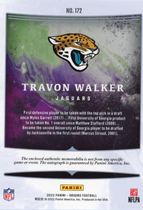 2022 Panini Origins Travon Walker RC #172 - Autograph Relic Jaguars