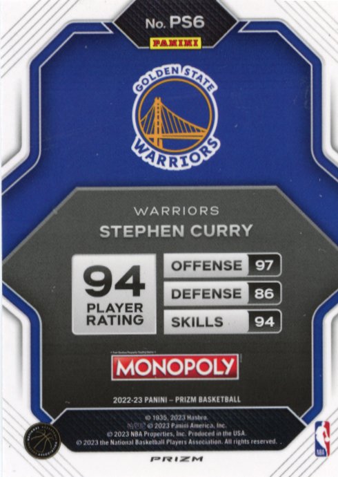2022/23 Panini Prizm Stephen Curry Monopoly #PS6 - SP Warriors