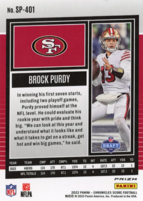 2022 Panini Score Chronicles Brock Purdy RC #SP-401 - Silver 49ers