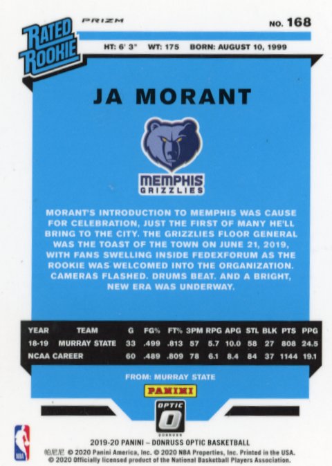 2019/20 Panini Donruss Optic Ja Morant Rated Rookie RC #168 - Blue Grizzlies