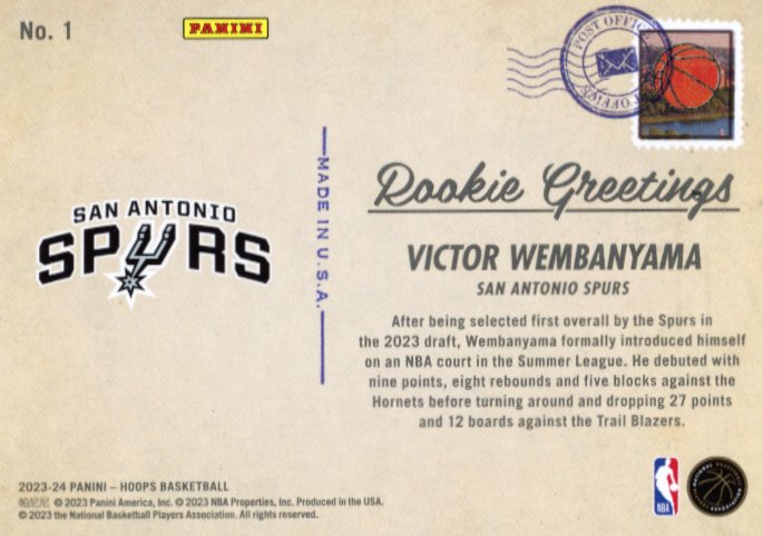 2023/24 Panini NBA Hoops Rookie Greetings Victor Wembanyama RC #1 - Spurs