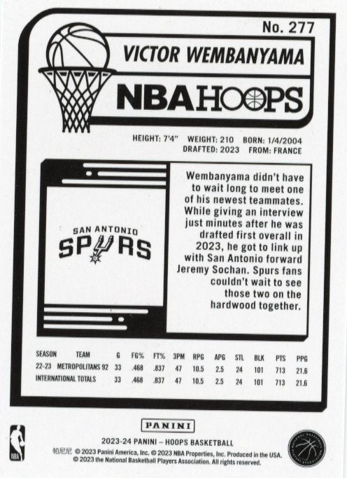 2023/24 Panini NBA Hoops Victor Wembanyama RC #277 - Winter Spurs