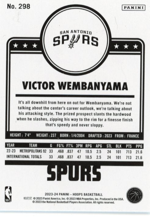 2023/24 Panini NBA Hoops Victor Wembanyama RC #298 - Spurs