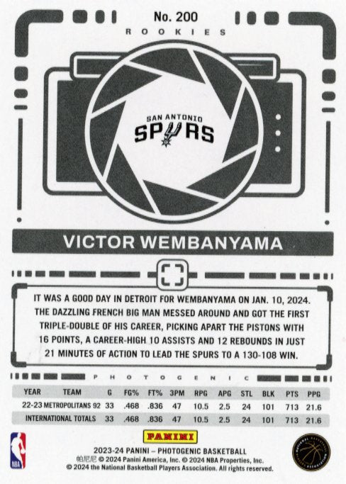 2023/24 Panini Photogenic Victor Wembanyama RC #200 - Spurs