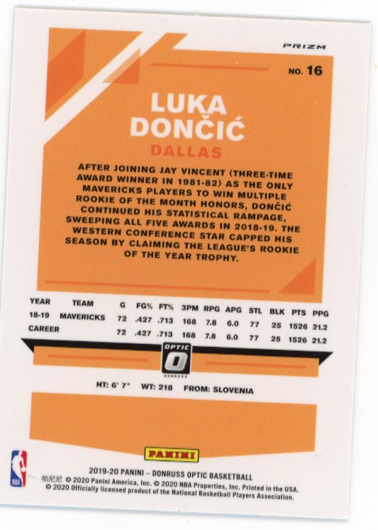 2019/20 Donruss Optic Luka Dončić #16 - Holo Mavericks