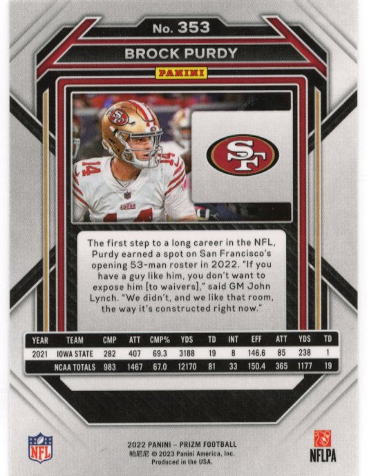 2022 Panini Prizm Brock Purdy RC #353 - 49ers