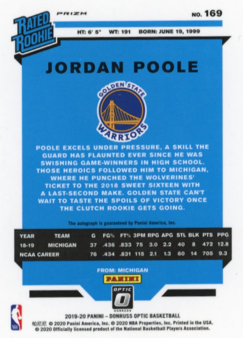 2019/20 Donruss Optic Jordan Poole RC #169 - Holo Autograph Warriors