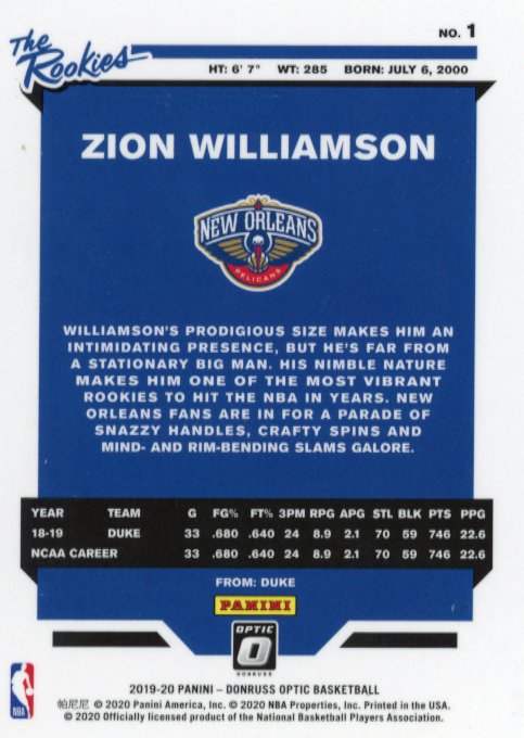 2019/20 Donruss Optic Zion Williamson RC #1 - Pelicans