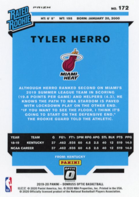 2019/20 Donruss Optic Tyler Herro RC #172 - Holo Heat