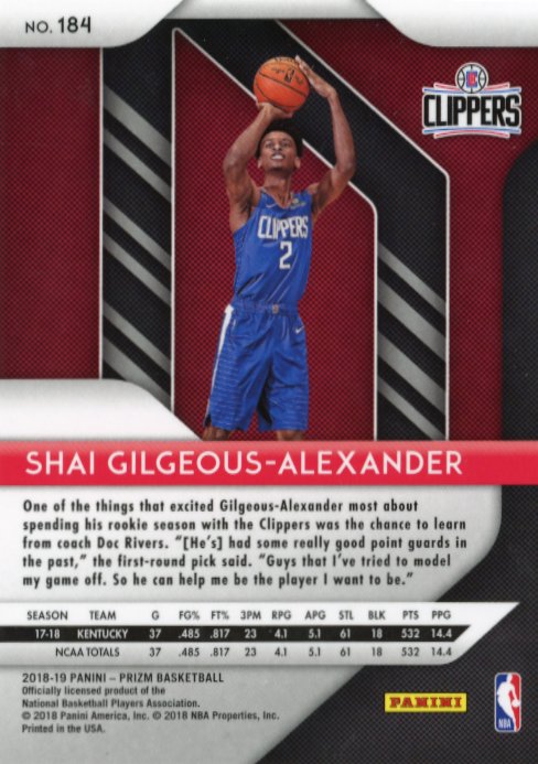 2018/19 Panini Prizm. Shai Gilgeous Alexander RC #184 - Clippers