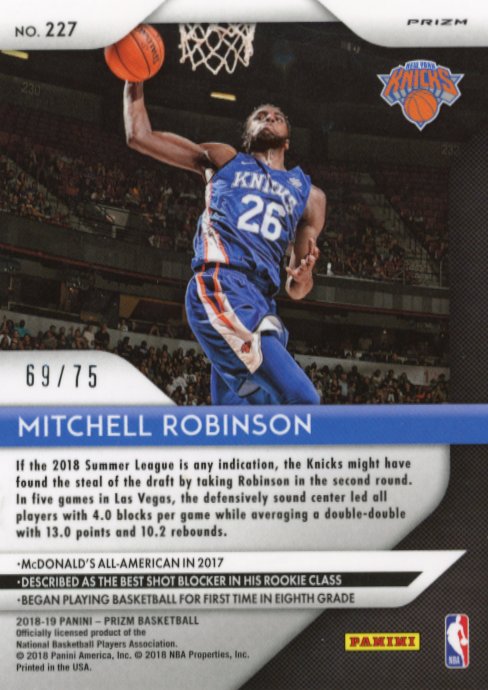 2018/19 Panini Prizm Mitchell Robinson #227 - #/75 Purple Knicks