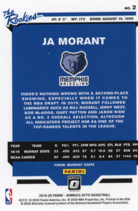 2019/20 Donruss Optic Ja Morant RC #2 - Grizzlies