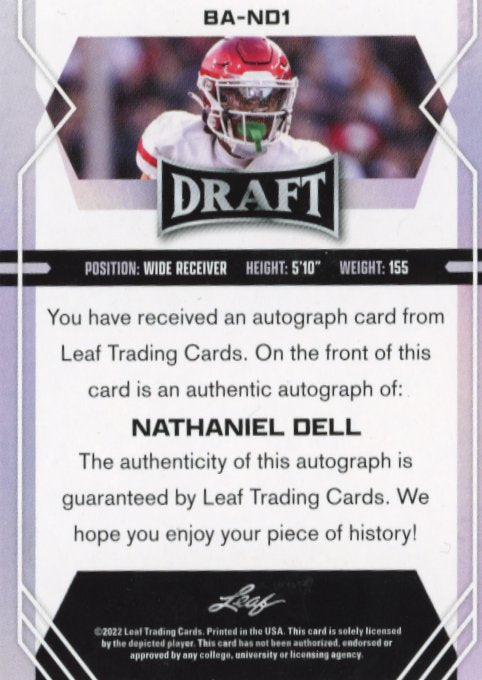 2022 Leaf Draft Nathaniel Dell #BA-ND1 - Autograph Cougars