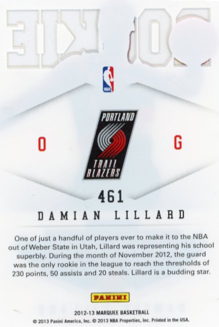 2013 Panini Marquee Damian Lillard RC #461 - Trailblazers