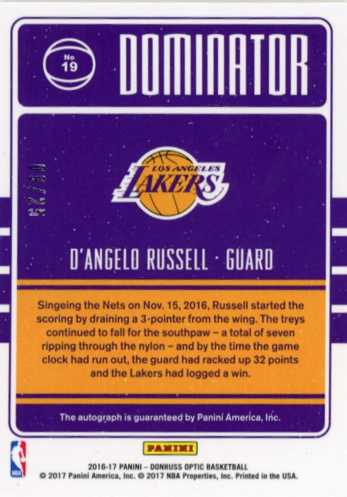 Panini Optic D'angelo Russell #19 - #/25 Autograph Lakers