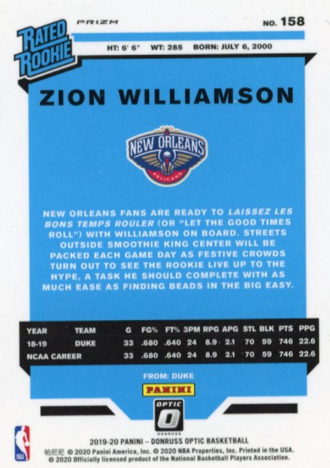 2020 Panini Optic Zion Williamson Rated Rookie RC #158 - Blue Lazer Pelicans