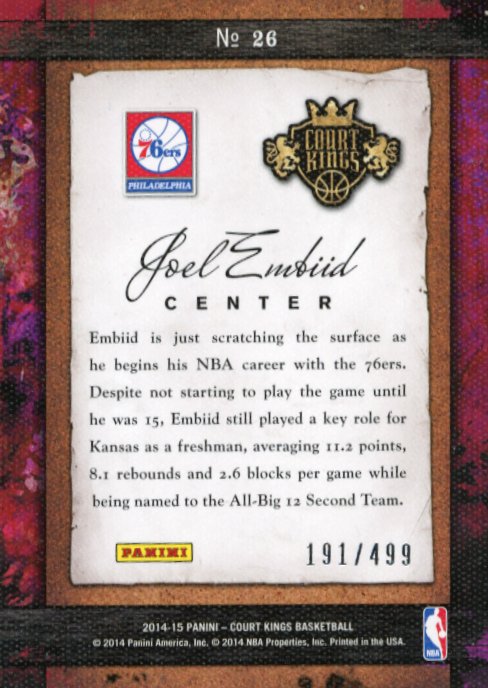 2014 Panini Court Kings Joel Embiid RC #26 - #/499 Blue 76ers