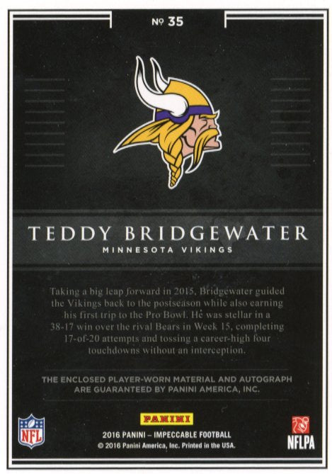 2016 Panini Impeccable Teddy Bridgewater #35 - #/25 Patch Autograph Vikings