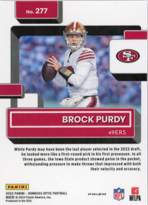 2022 Panini Optic Brock Purdy Rated Rookie RC #277 - Pink 49ers