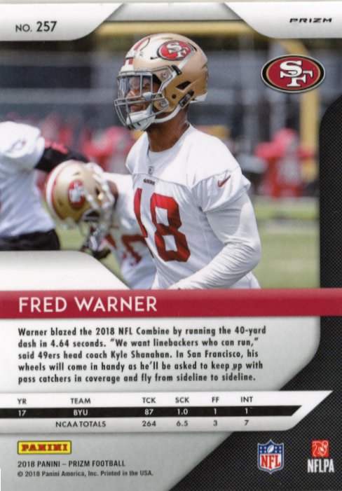 2018 Panini Prizm Fred Warner RC #257 - Red White Blue 49ers