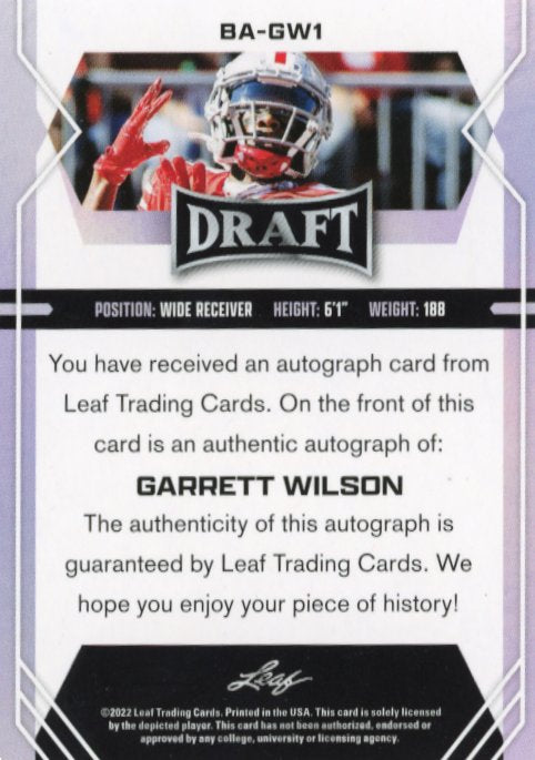 2022 Leaf Draft Garrett Wilson #BA-GW1 - Autograph Blue Jets