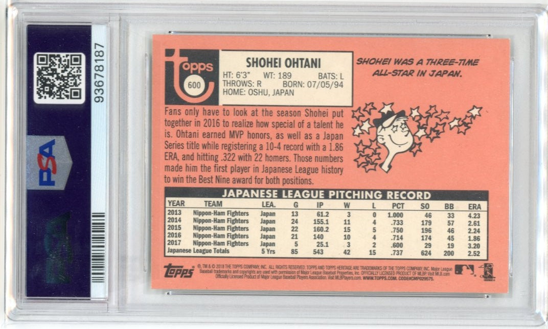 2018 Topps Heritage Shohei Ohtani RC #600 - PSA 9 Angels