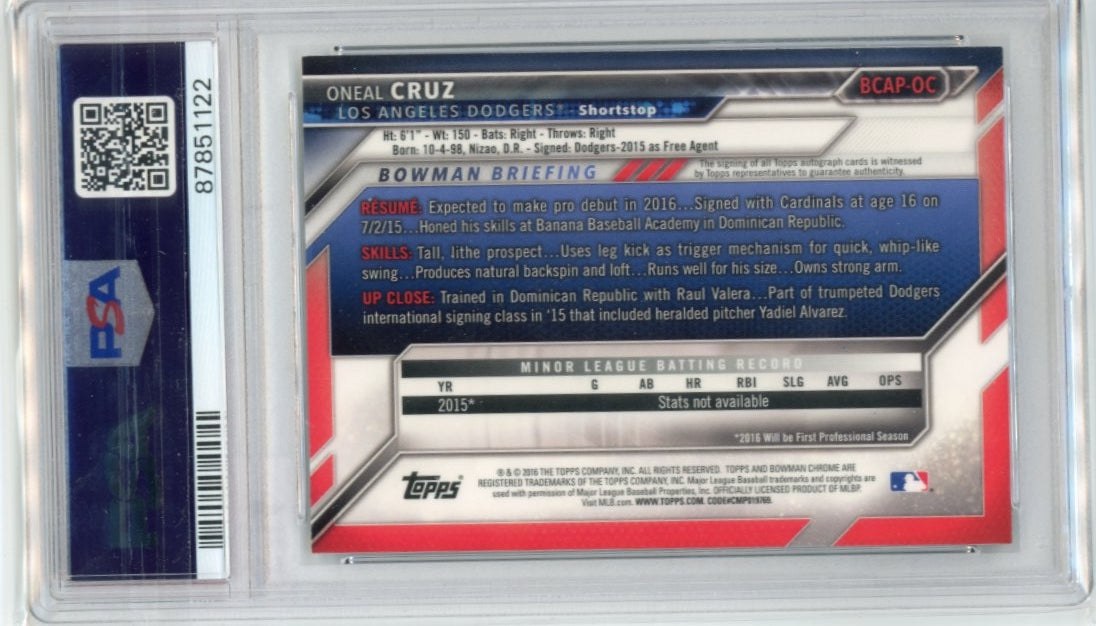 2016 Topps Bowman Chrome Oneal Cruz 1st Bowman #OC - Prospects Autographs PSA 9 Auto 10 Dodgers