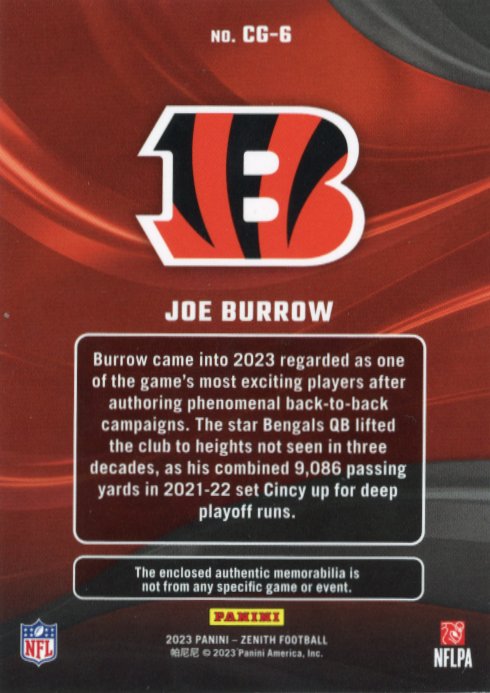 2023 Panini Zenith Joe Burrow #CG-6 - Color Guard Relic Bengals