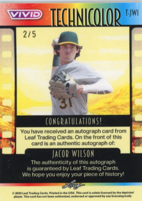 2023 Leaf Vivid Jacob Wilson #T-JWI - Technicolor Autograph #/5 Black Athletics