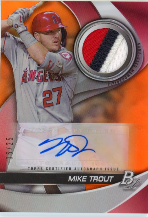 2022 Bowman Platinum Mike Trout #PPAR-MT - #/25 Orange Patch Autograph Angels