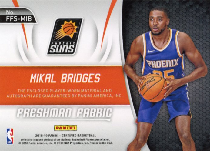 2018/19 Panini Certified Mikal Bridges#FFS-MIB - #/99 Patch Autograph Suns