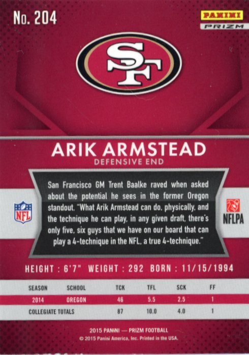 2015 Panini Prizm Arik Armstead RC #204 - Silver Autograph 49ers