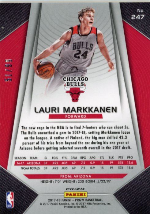 2017/18 Panini Prizm Lauri Markkanen RC #247 - #/99 Blue Ice Bulls